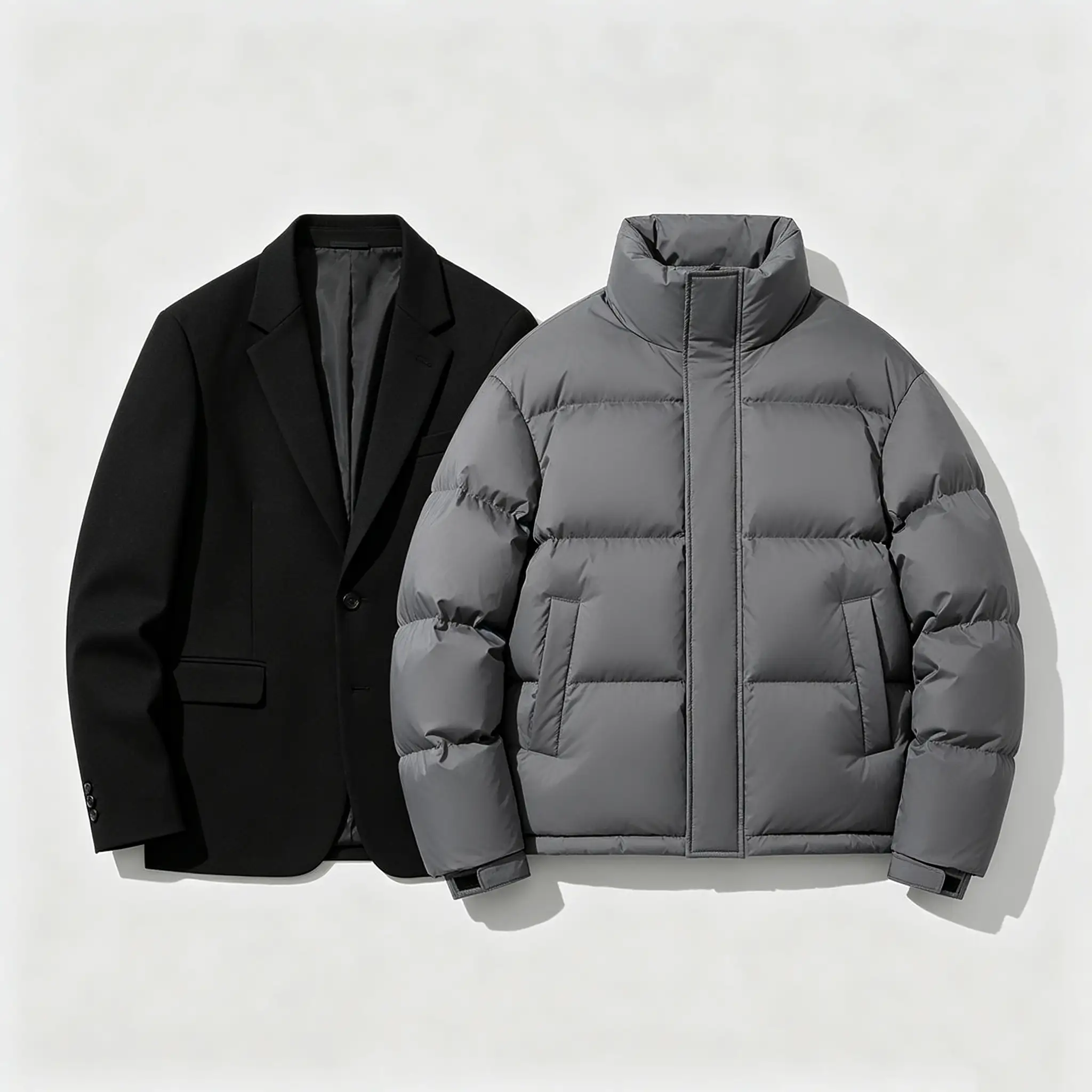 Alt="Black suit jacket and gray down jacket display, application of Takewind PP spunbond nonwoven fabric used as garment interlining, down-proof liner fabric for coats, suits and winter apparel inner lining material"