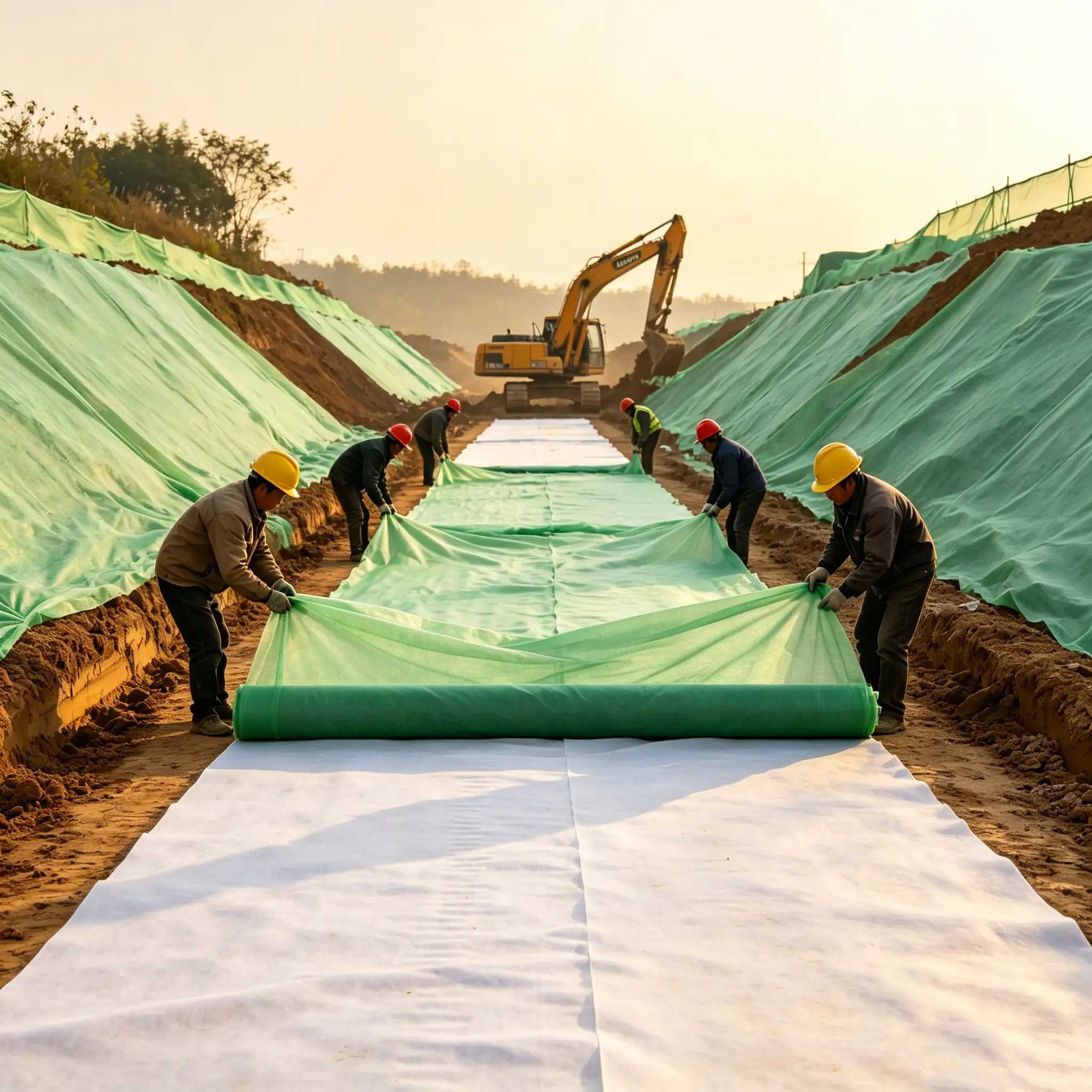 Alt="Road construction site workers laying green PP spunbond nonwoven fabric for slope protection, dust suppression and grass planting, white needle punched geotextile paved on pavement, Takewind geotechnical nonwoven application scenario for engineering projects"