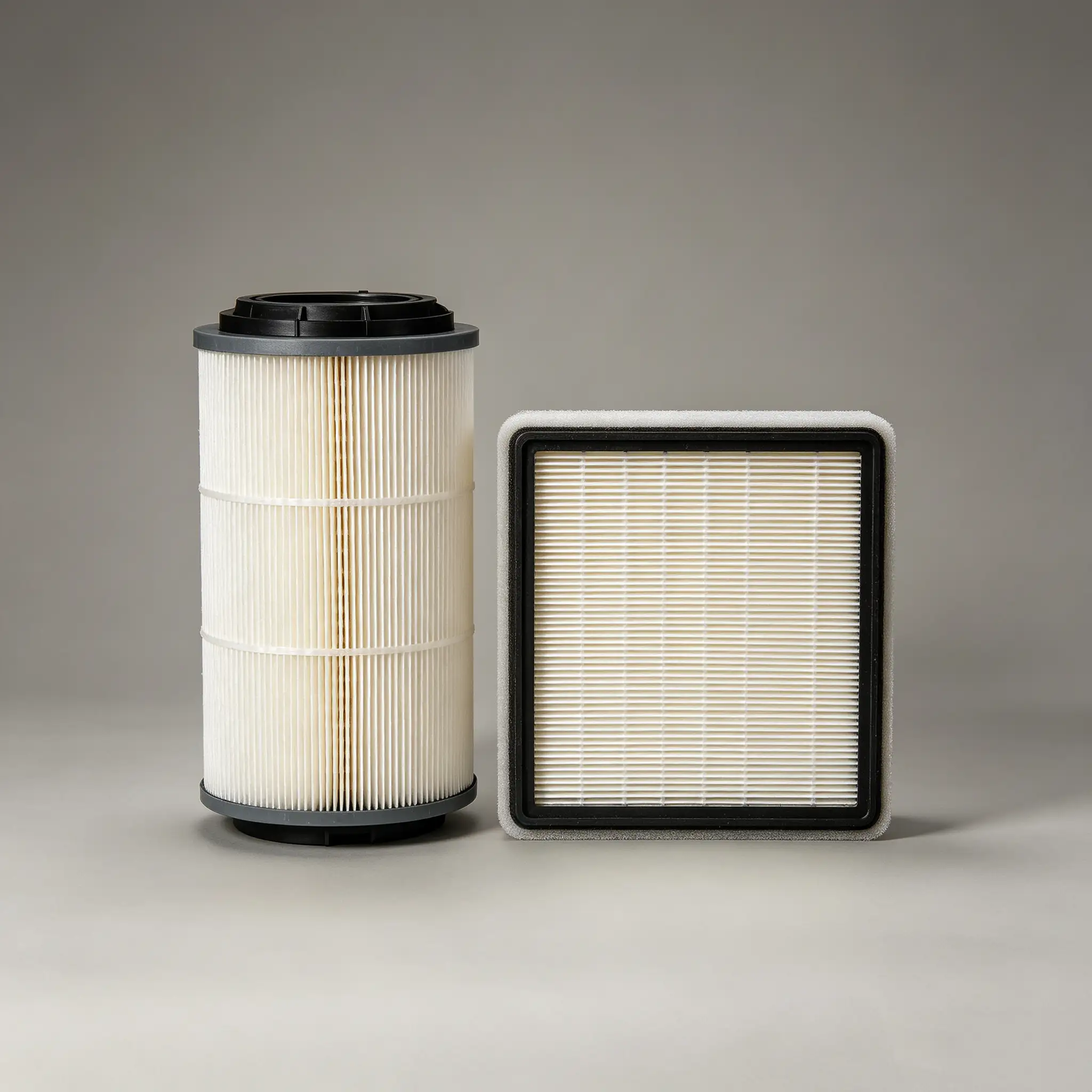 Alt="Cylindrical filter cartridge and square panel filter, finished filtration products made from Takewind PP spunbond, PET spunbond, needle punched nonwoven fabric for air filtration, oil filtration and liquid filtration industry solutions"