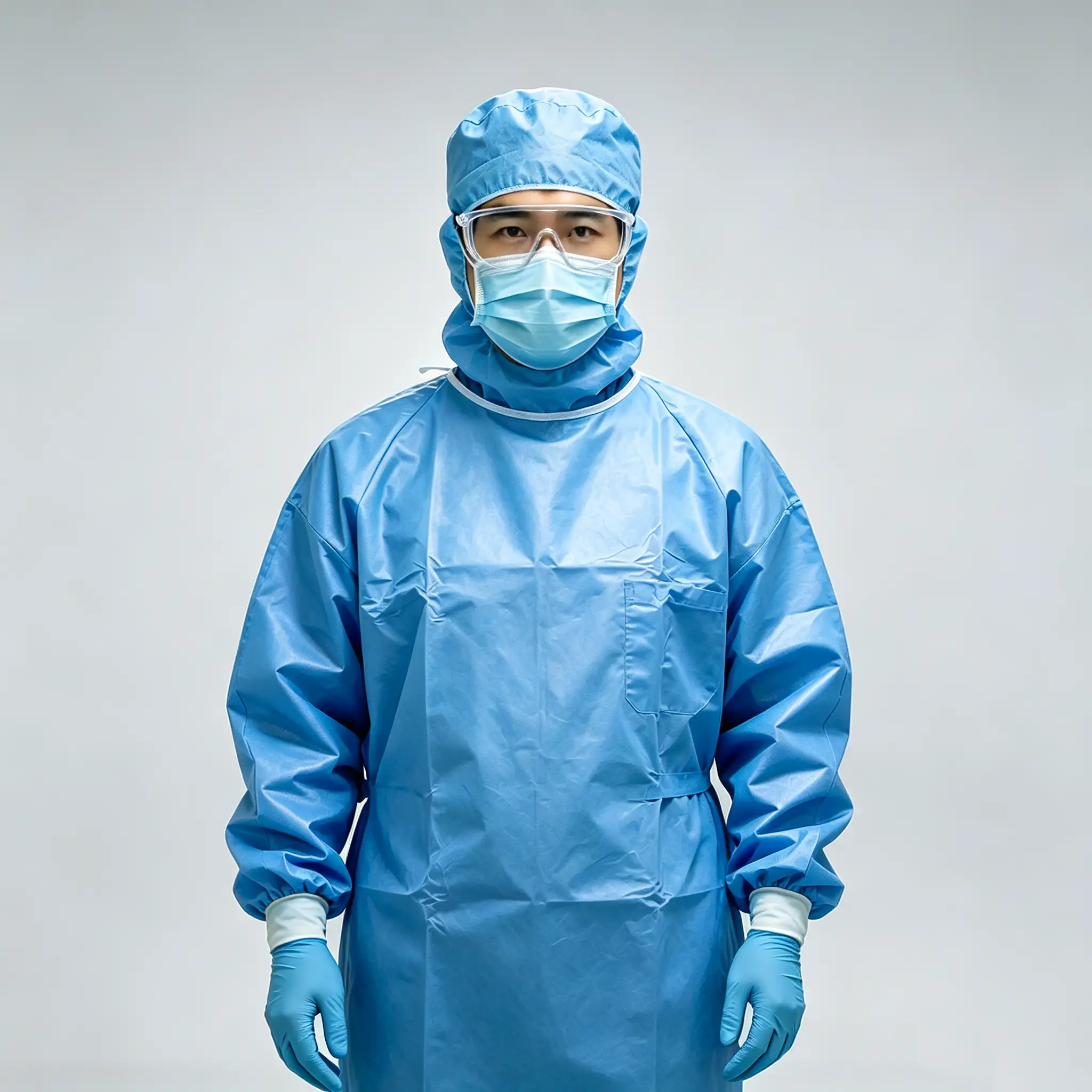 Alt="Medical staff wearing blue disposable isolation gown, protective cap, face mask and nitrile gloves, product display for SS SMS SMSF SMSS medical non-woven fabric raw material for hospital protective clothing"