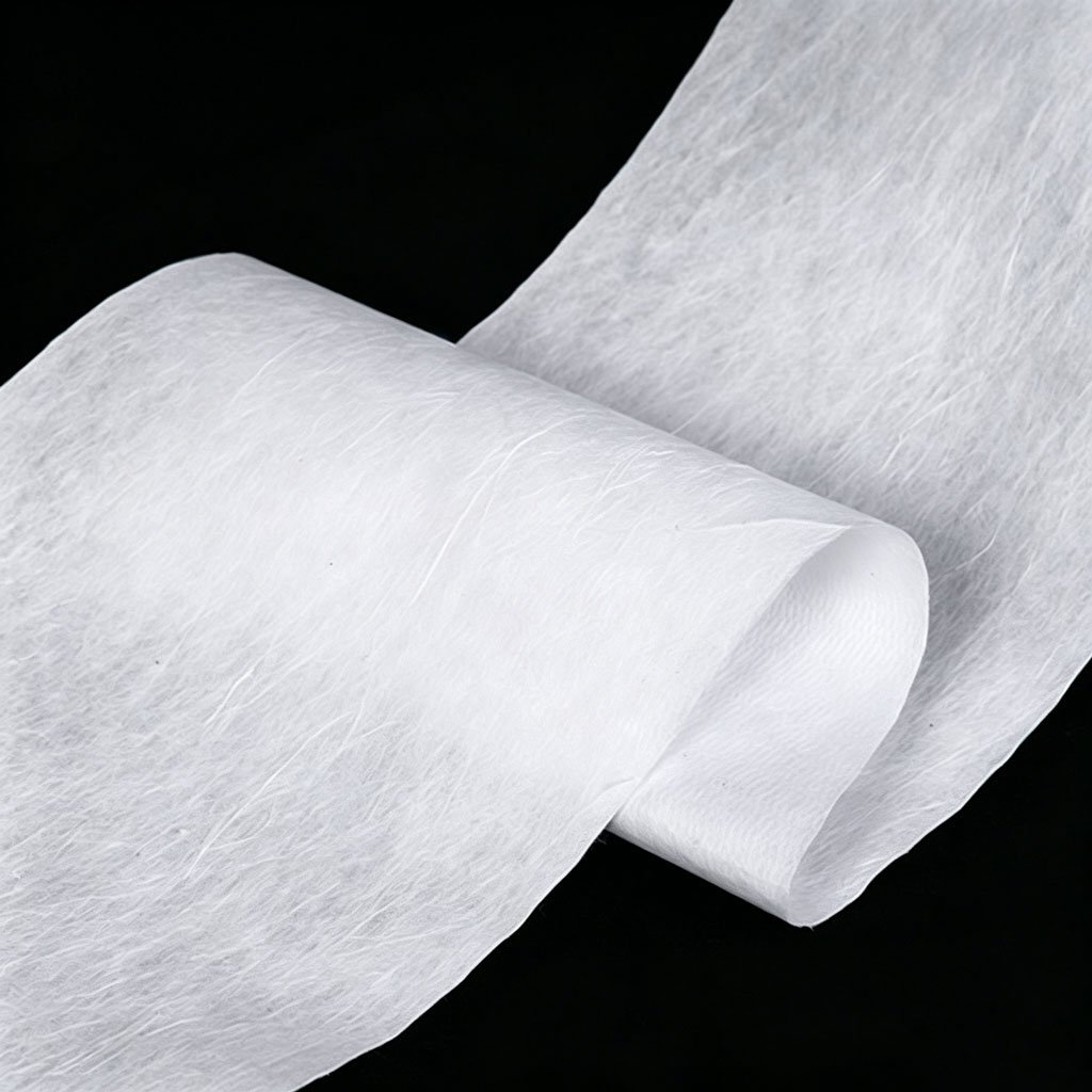 Close-up of white meltblown nonwoven fabric on black background, showing microfiber web structure.