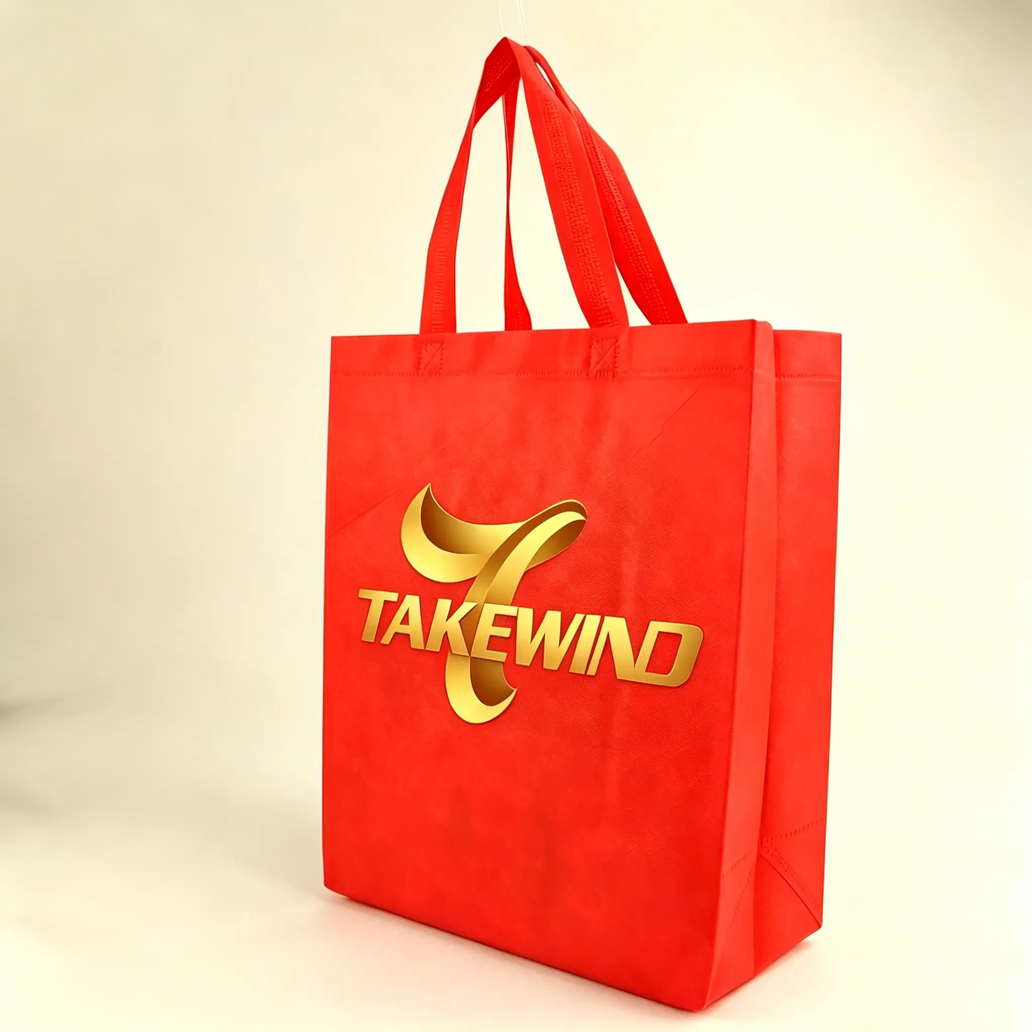 Alt="Red printed Takewind non-woven tote bag, application display for S, SS, PP spunbond, PET spunbond and custom printed nonwoven fabric for packaging & shopping bag usage"