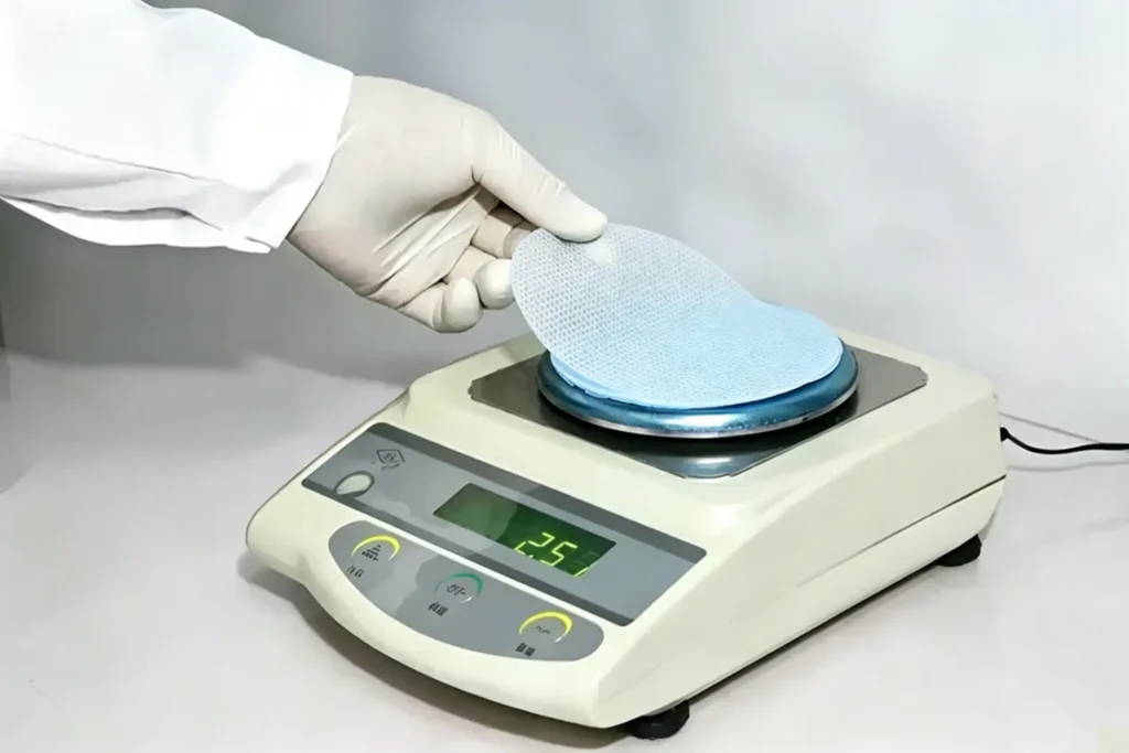 Lab technician weighing non-woven fabric sample on electronic balance to test gram weight in Takewind non-woven factory laboratory