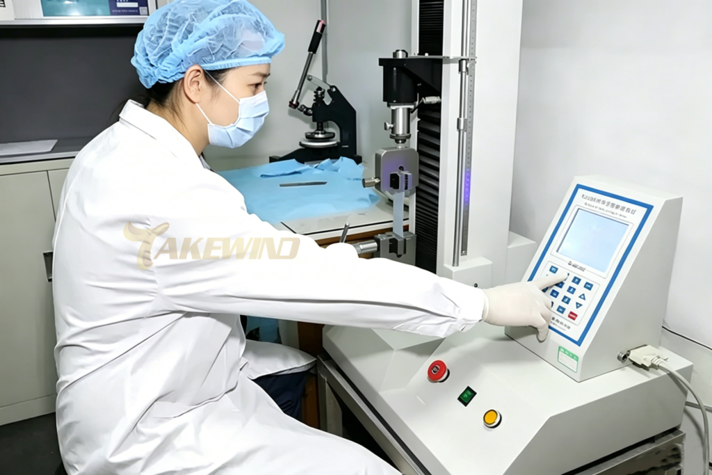 Tensile strength testing of non-woven fabric sample using universal testing machine in laboratory setting
