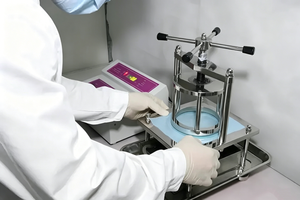 Quality control technician measuring non-woven fabric weight using electronic circular sample cutter