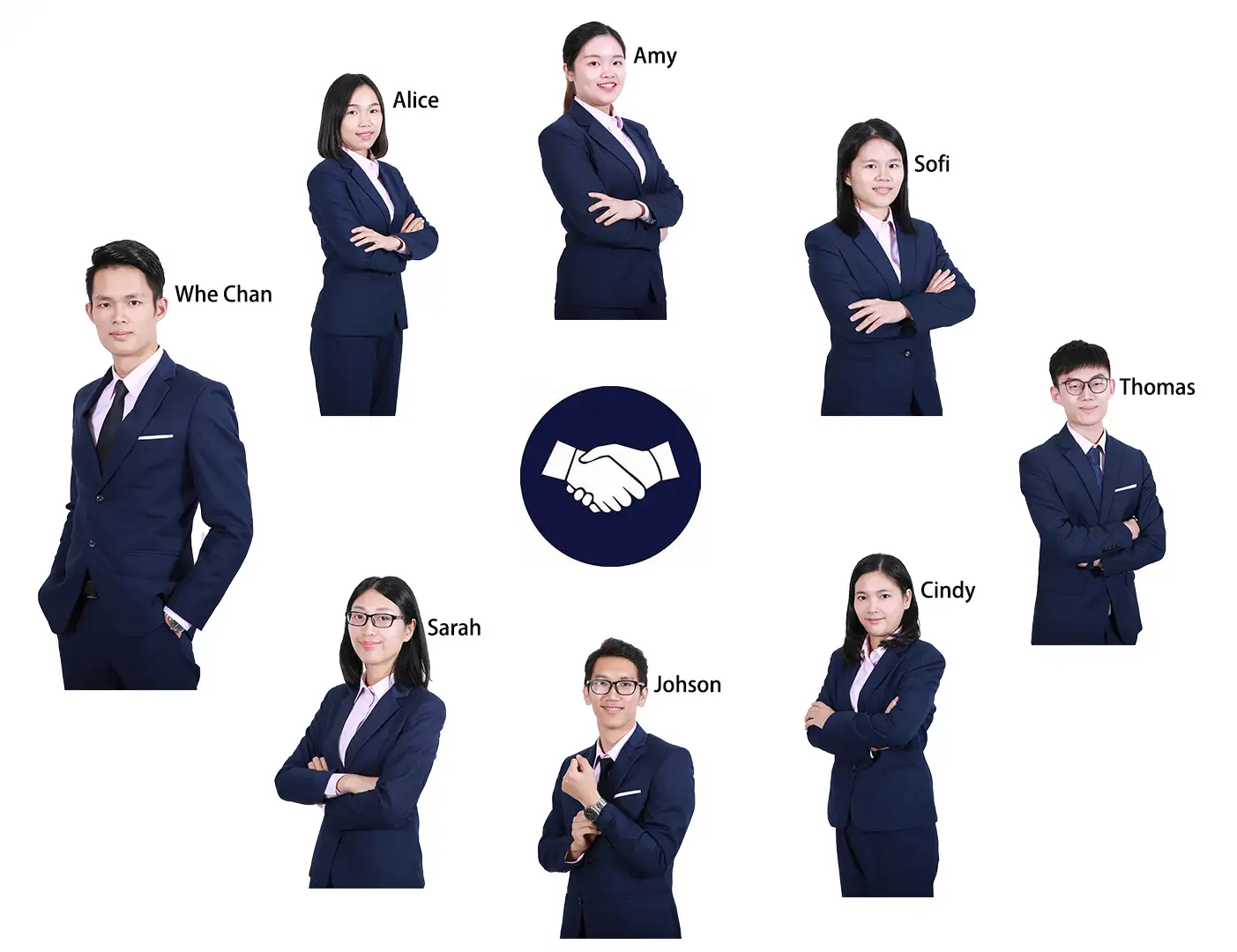 Group portrait of Takewind nonwoven company professional sales team including Whe Chan, Alice, Amy, Sofi, Thomas, Cindy, Johson, Sarah in formal navy business suits arranged around partnership handshake icon, representing reliable one-stop sales service, professional technical support and worry-free global cooperation for non-woven fabric business