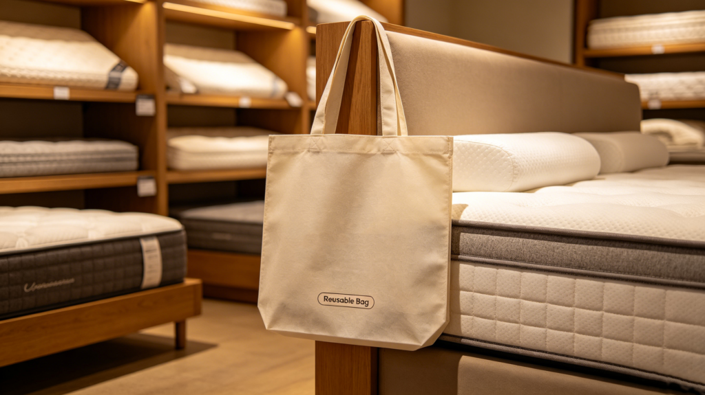 Branded non-woven shopping bag with logo displayed next to a mattress in a furniture showroom