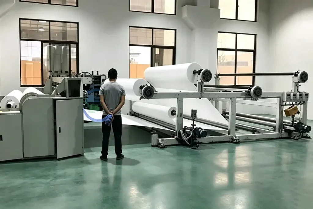 Technician inspecting large-width white geotextile roll on automatic rewinding machine inside clean production workshop with green matte floor
