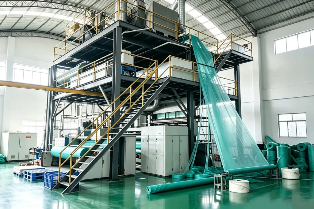 Large multi-layer spunbond equipment producing green nonwoven geotextile, finished green fabric dropping into rolling area