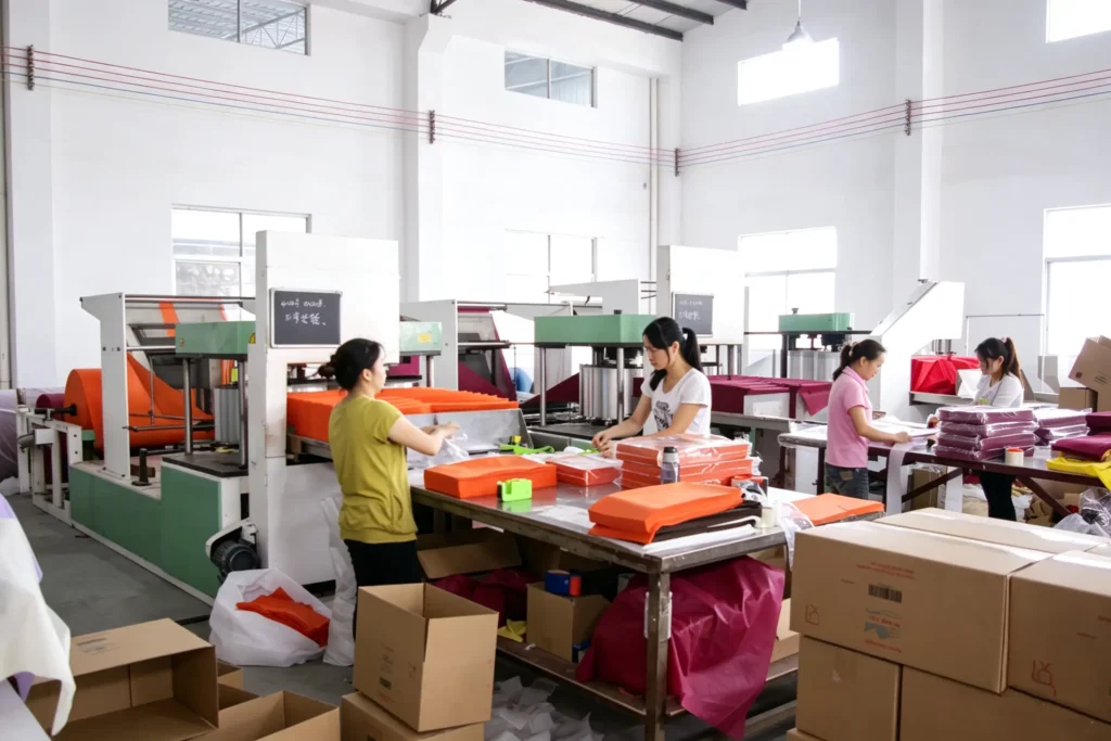 Workers operating 6 full sets of production machines in Takewind non woven tablecloth factory workshop