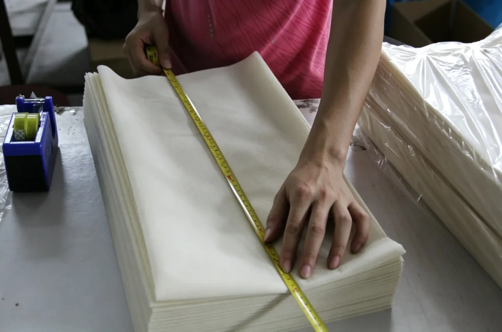 Worker measuring dimension of folded non woven tablecloth during strict quality inspection at Takewind factory