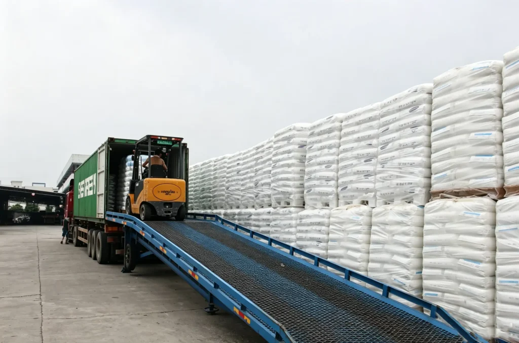 Forklift unloading imported high-quality virgin PP raw material bulk piles at Takewind nonwoven factory yard, huge material stock ensures on-time order delivery