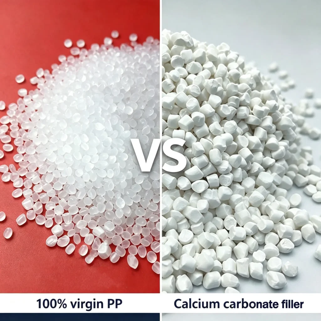 Side-by-side comparison picture: left 100% virgin PP pellets, right calcium carbonate filler masterbatch granules, raw material contrast for PP spunbond nonwoven production, split layout with VS mark