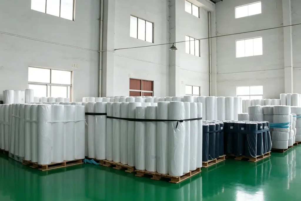 Neat stacked jumbo rolls of white PP spunbond nonwoven fabric for quilt inner lining, Takewind finished goods warehouse with glossy green epoxy floor
