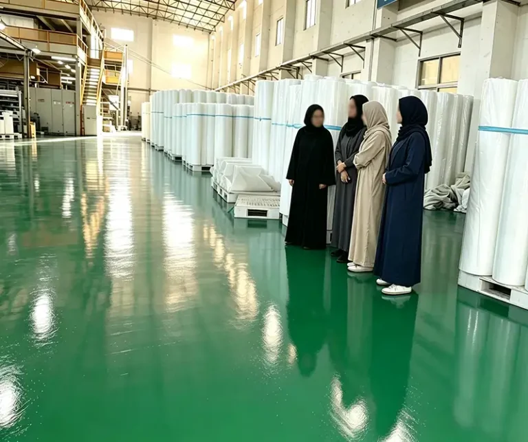 Four Middle Eastern women wearing traditional hijab abaya outfits inspect stacked large rolls of white PP spunbond non-woven fabric inside Takewind non-woven factory workshop with green epoxy flooring