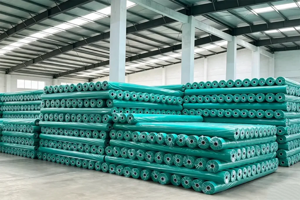 Neat stacked finished green geotextile rolls in constant temperature warehouse, large ready stock for quick shipment