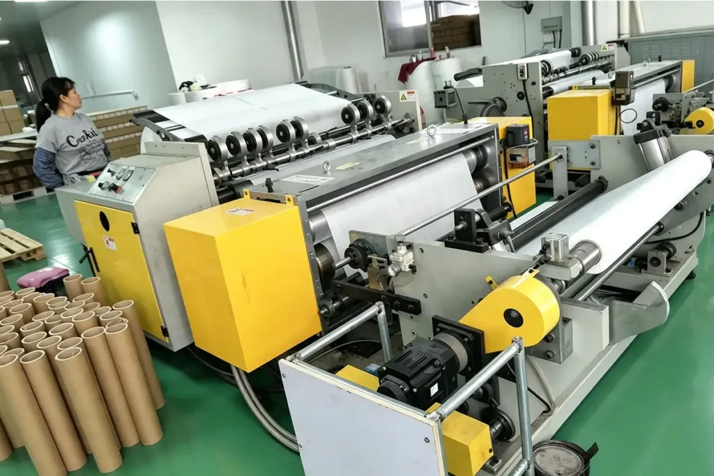 Worker operates slitting & rewinding machine to cut wide jumbo rolls into custom-width pillow liner nonwoven rolls