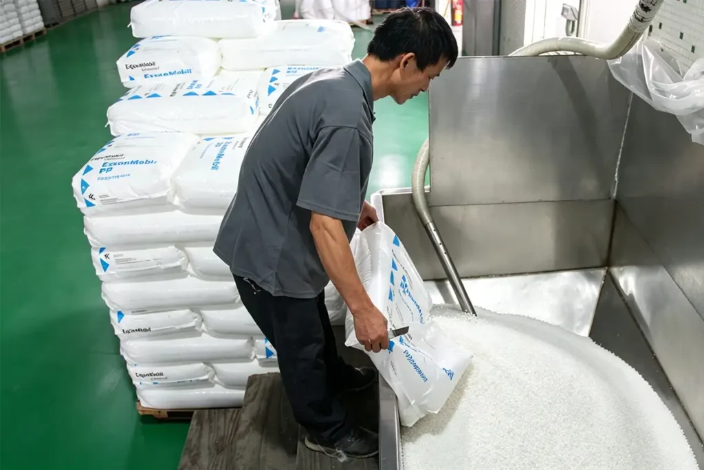 Factory worker pouring ExxonMobil PP resin particles into feeding tank for geotextile nonwoven fabric production, green epoxy floor