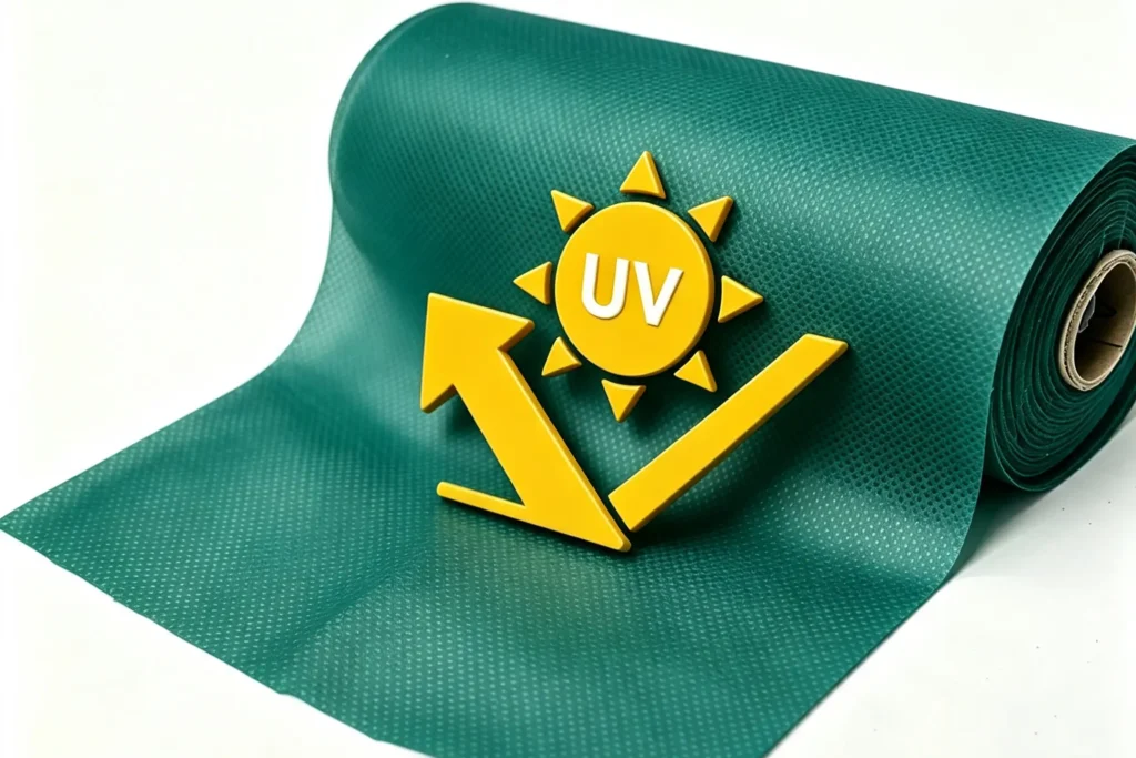 dark green geotextile roll with UV protection icon, Takewind UV stabilized nonwoven geotextile
