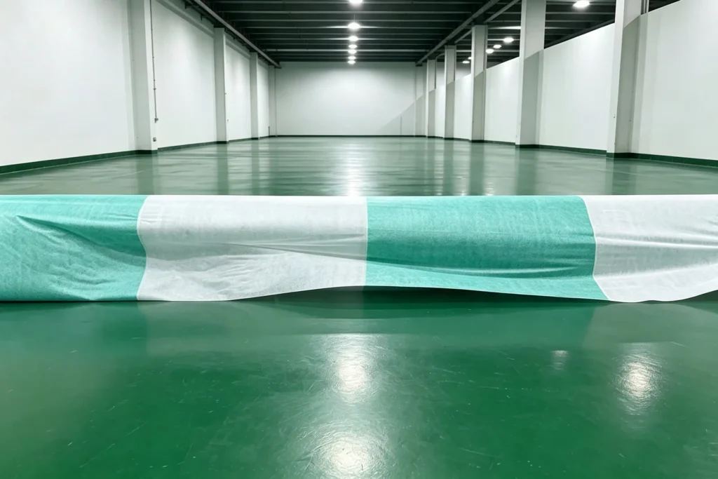 ultra wide green nonwoven geotextile fabric laid out in clean factory warehouse, high coverage construction material, Takewind geotextile