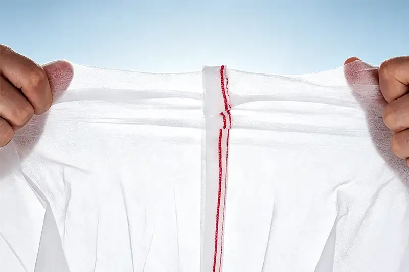 Two hands stretch Takewind ultra-wide white geotextile fabric with reinforced red stitching, showing good tensile property