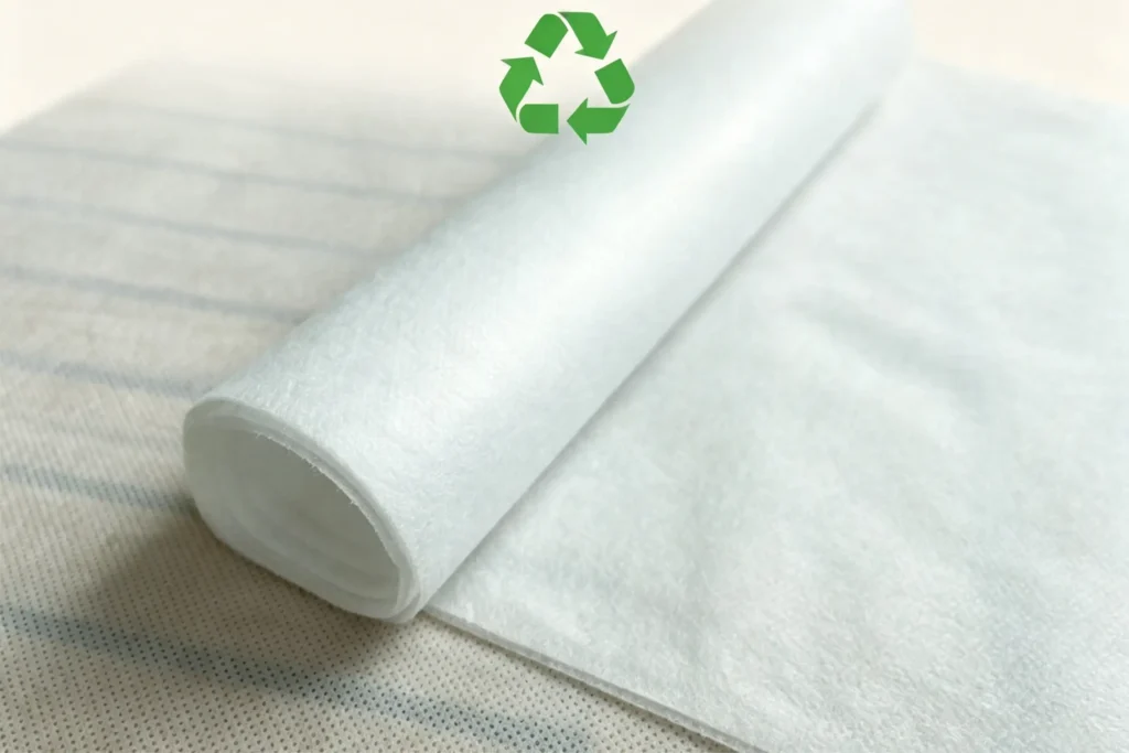White PP spunbond nonwoven roll with green recycle symbol, eco-friendly home textile fabric from Takewind