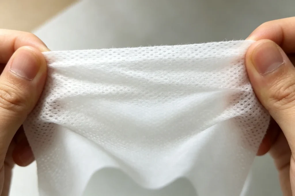 Both hands forcibly stretch white dot pattern packaging nonwoven fabric, material deforms severely without breaking, showing high tensile strength