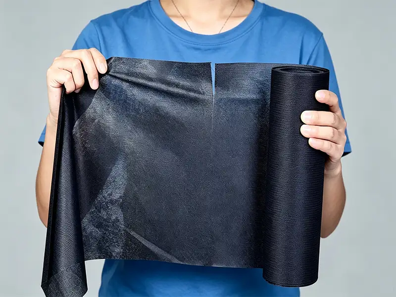 Worker holding black perforated nonwoven fabric roll, Takewind furniture base textile, pre-cut breathable non-woven cloth for mattress cushion packaging