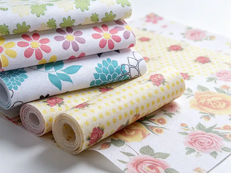 Stacked rolls of floral printed nonwoven fabric, custom pattern non-woven textile from Takewind factory for mattress sofa packaging