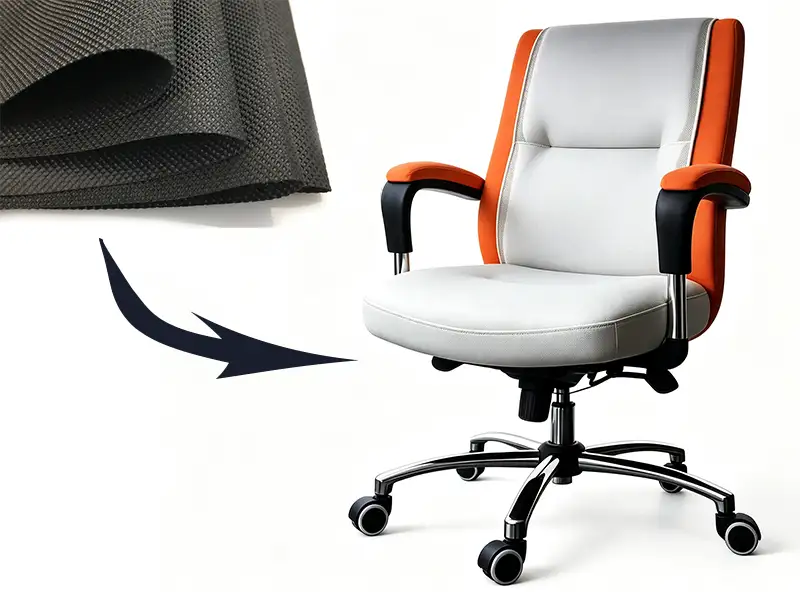Black polypropylene spunbond nonwoven material applied on ergonomic office chair, durable furniture backing fabric from Takewind factory