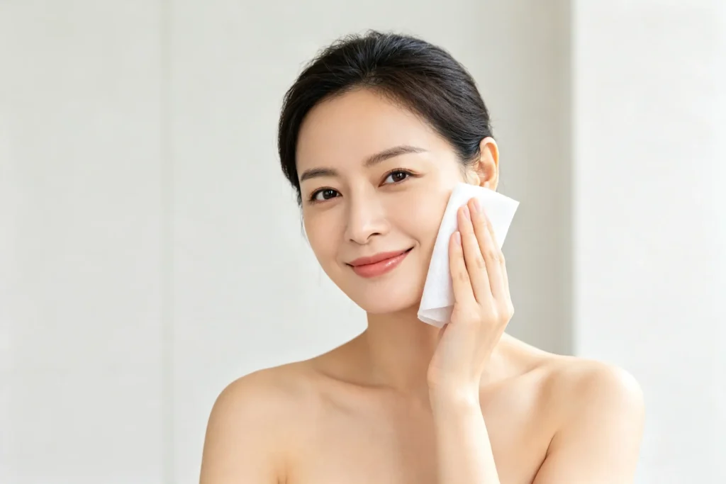 Lady wiping face with soft white PP spunbond nonwoven fabric, skin-friendly home textile material Takewind