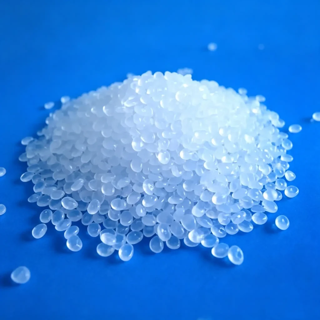 Hand holding transparent 100% virgin PP polypropylene pellets, raw material for Takewind home textile spunbond nonwoven fabric