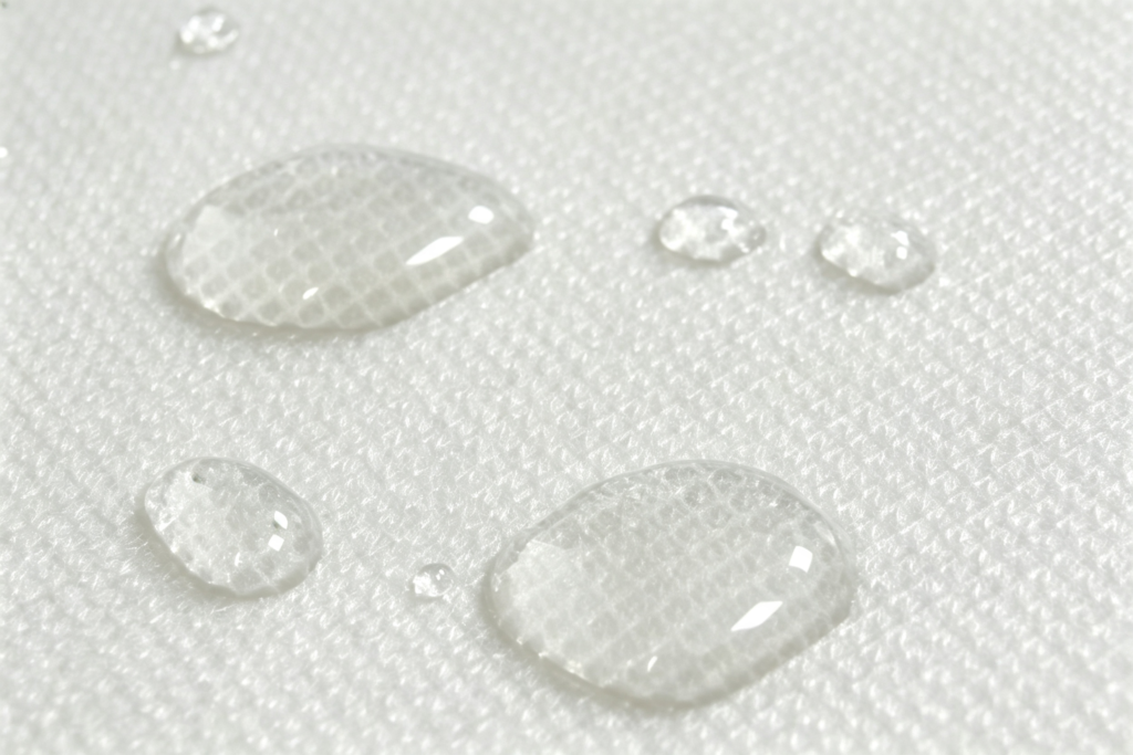 Water droplets stay on white PP spunbond nonwoven surface, waterproof functional treatment Takewind fabric