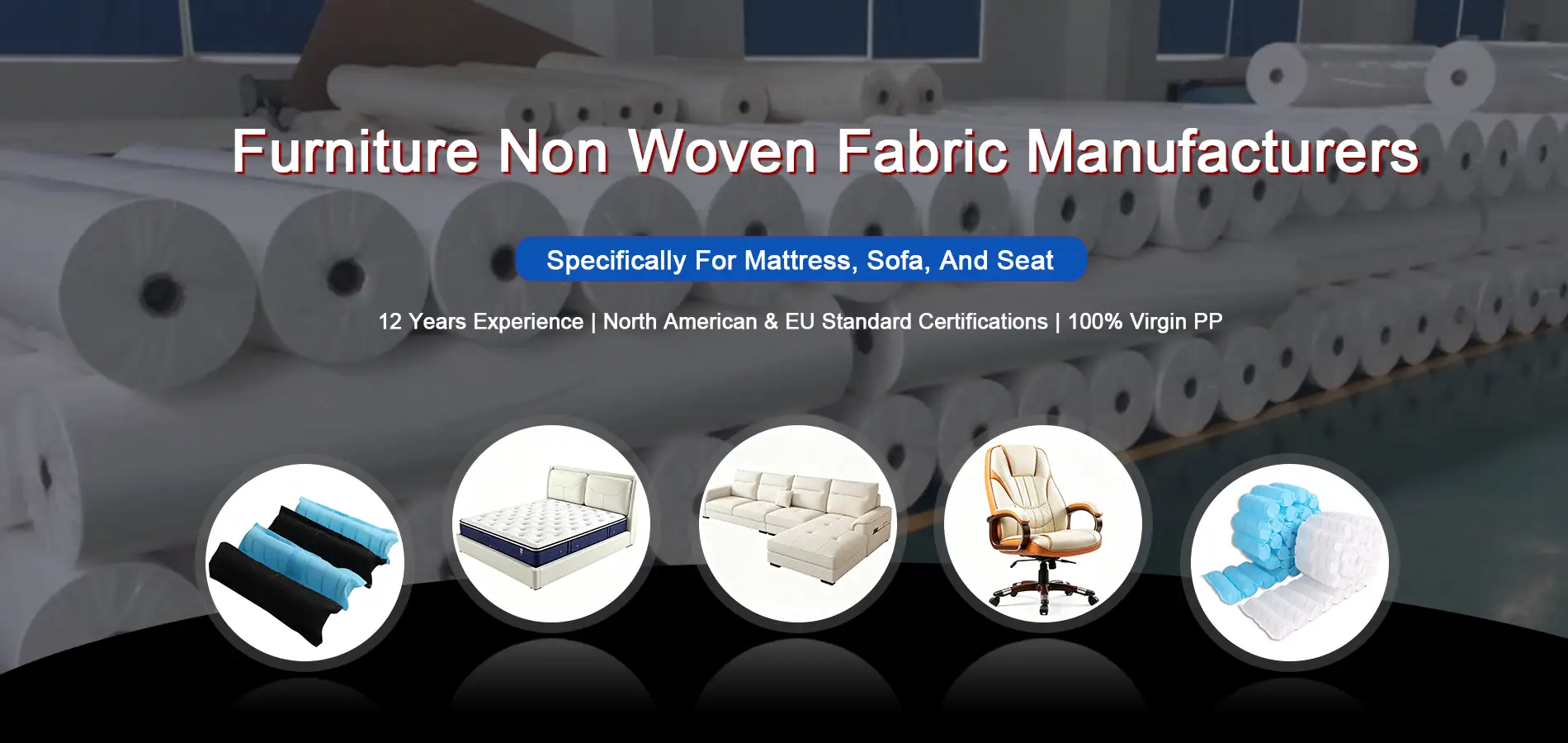 Banner image of Takewind furniture non woven fabric, large PP spunbond fabric rolls factory background, mattress sofa office chair application icons, text showing 12 years manufacturing experience, EU & North America certified 100% virgin PP nonwoven for furniture inner lining