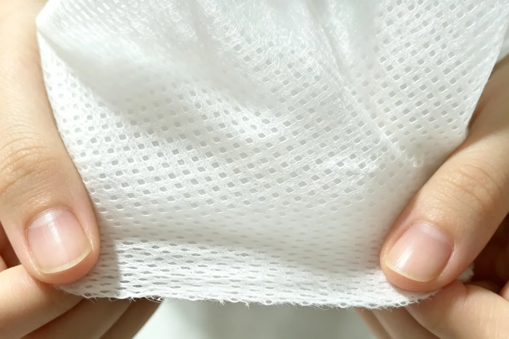 Hand holding white diamond mesh PP spunbond nonwoven fabric, Takewind durable interlining with high tensile strength, tear and abrasion resistant