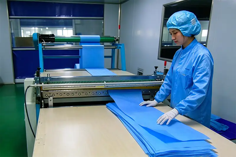 Female worker performs custom cutting and slitting for Takewind disposable beauty nonwoven sheets in clean production workshop