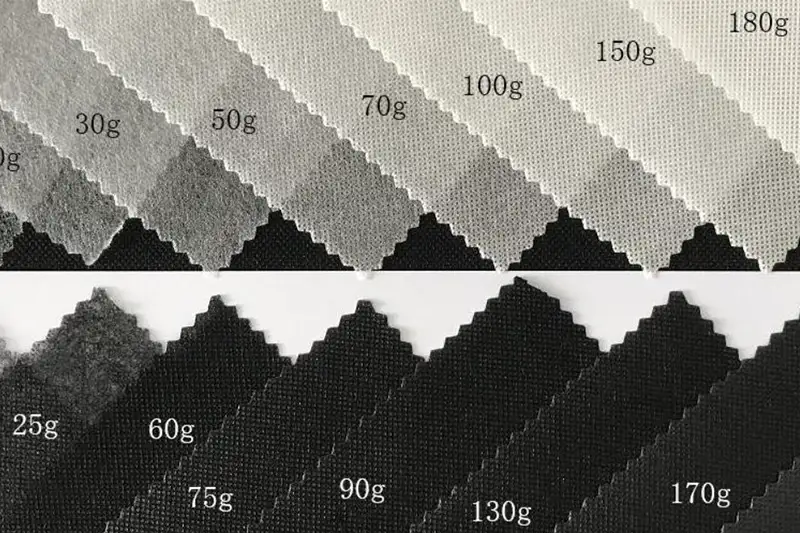 Multiple gsm swatches of Takewind black and white filter non woven fabric, basis weight and pore size comparison
