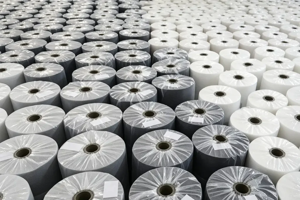Top view of multi-color Takewind PP spunbond nonwoven interlining fabric rolls, white, black and grey in stock