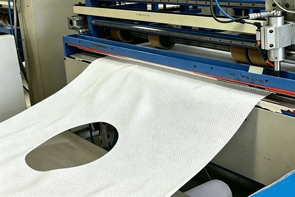 Industrial punching machine making perforated hole on textured white beauty nonwoven fabric Takewind production
