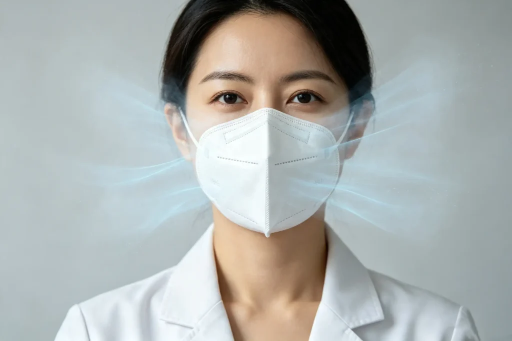Female wearing N95 mask showing air flow ventilation, optimized breathable nonwoven structure for face masks