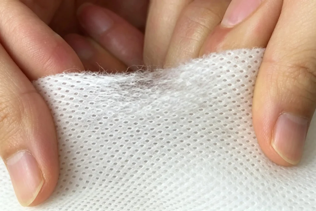 Hand stretch test shows high tensile strength of Takewind hygiene perforated nonwoven for high speed converting