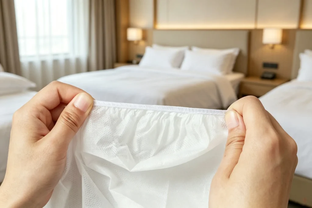 Hands holding elastic corner of Takewind disposable nonwoven fitted sheet, lightweight and easy installation