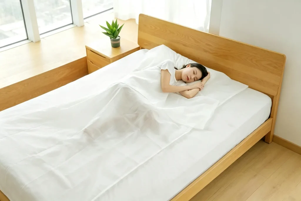 Woman resting on bed covered with Takewind disposable nonwoven bedding in bright hotel bedroom, wide application scenarios