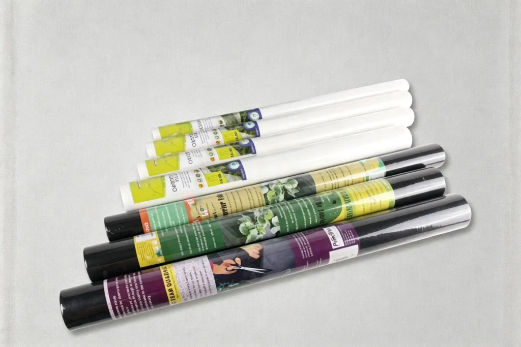 Assorted multi size small rolls of garden non woven fabric, white frost fleece and black weed barrier rolls