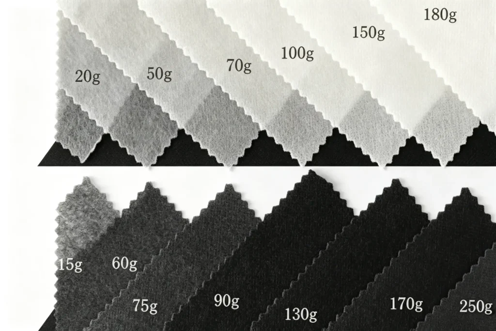 PP spunbond non woven fabric gsm sample chart, multiple gram weight options for garden frost cloth and weed barrier fabric