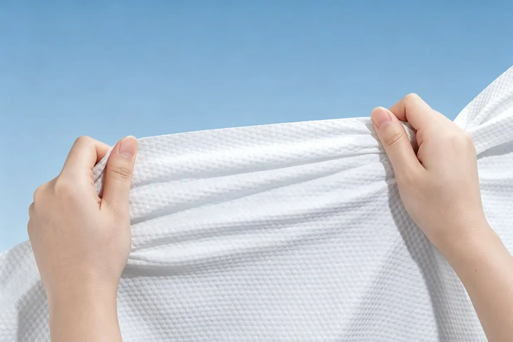 Hands stretching Takewind white nonwoven fabric, showing high tensile and tear resistance performance