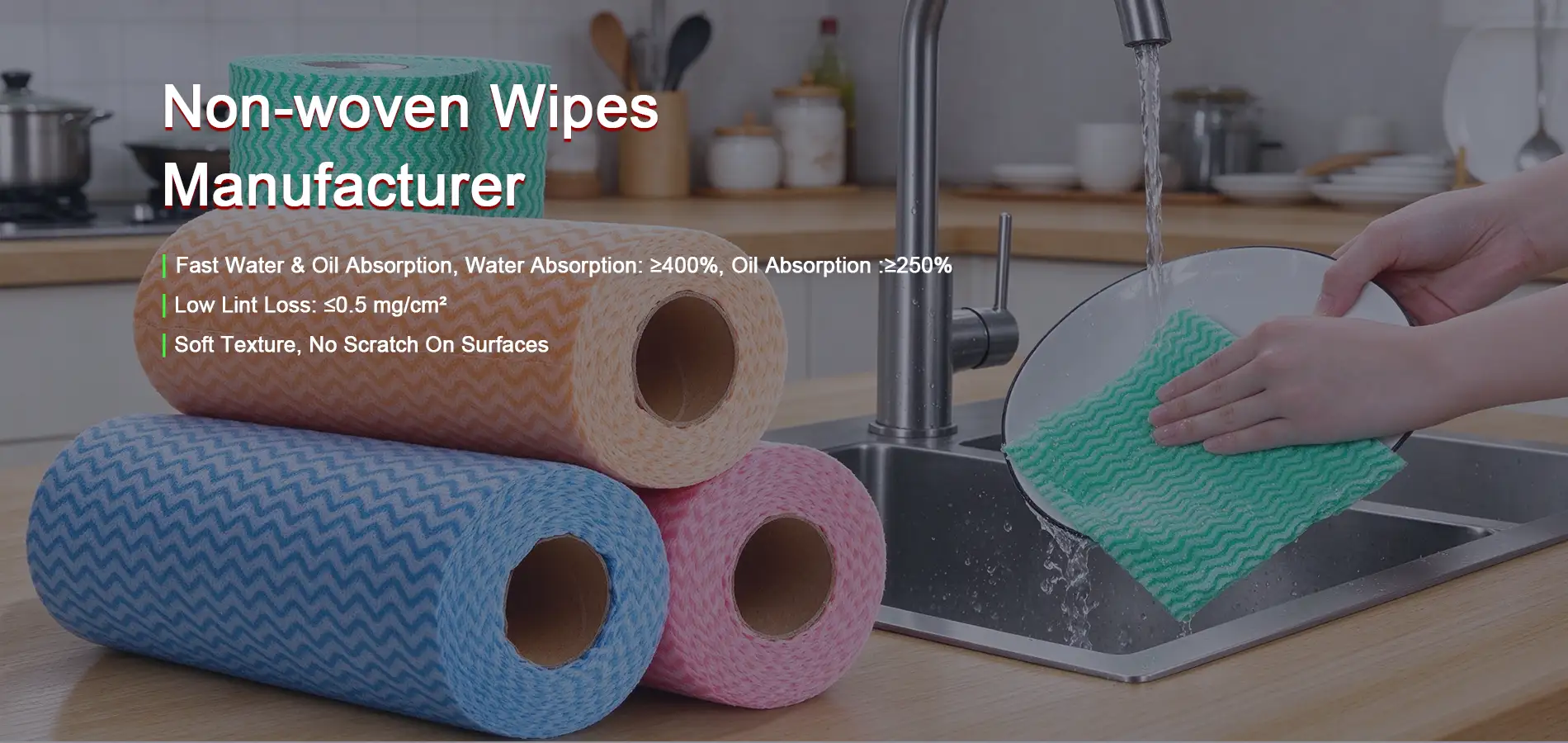 Takewind nonwoven wipes manufacturer banner, 5 types non woven cleaning cloth: pre-cut, spunlace, impregnated, needle punched, microfiber nonwoven wipes for household kitchen cleaning