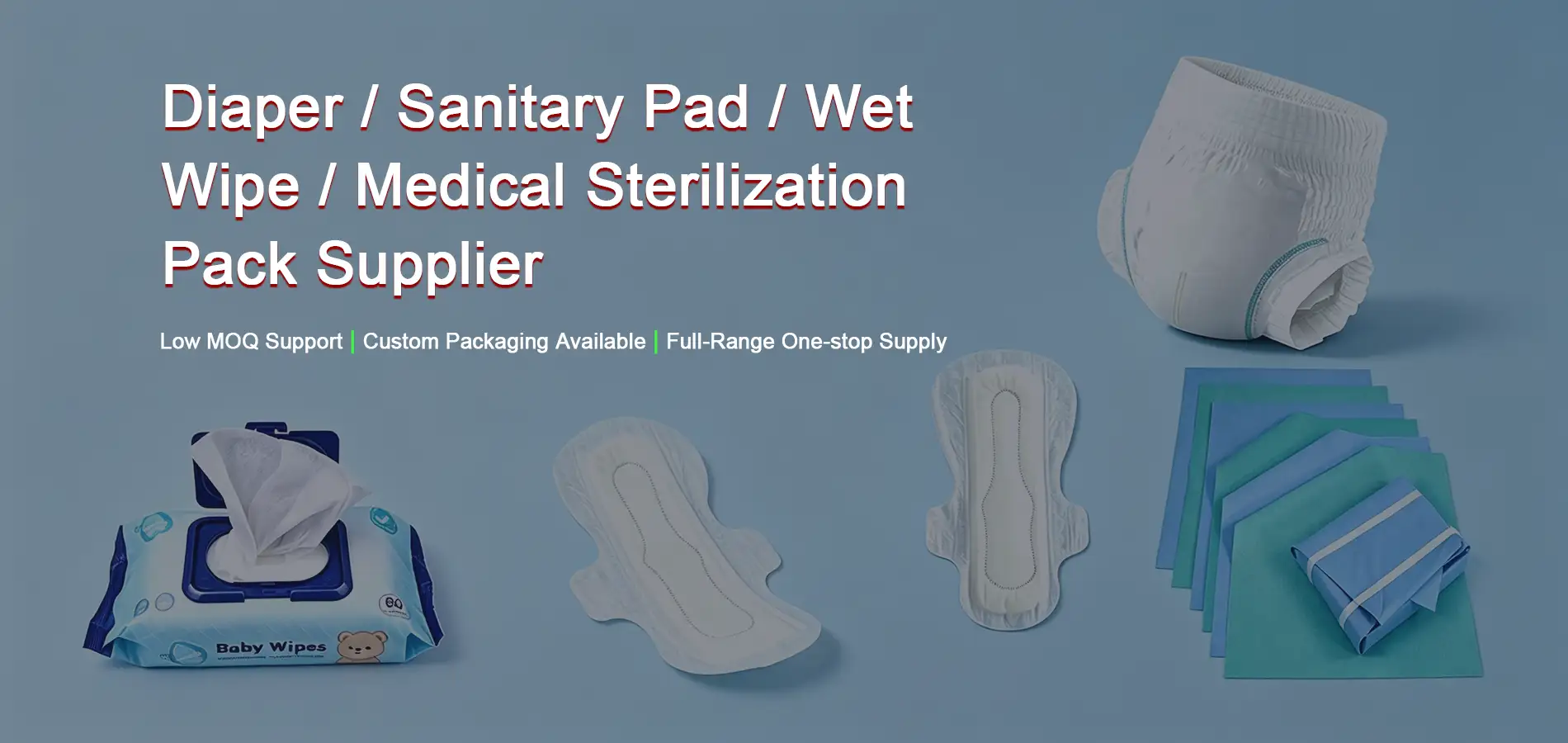 Takewind non woven products banner, baby diaper, sanitary pad, wet wipes and medical sterilization wraps on light blue background
