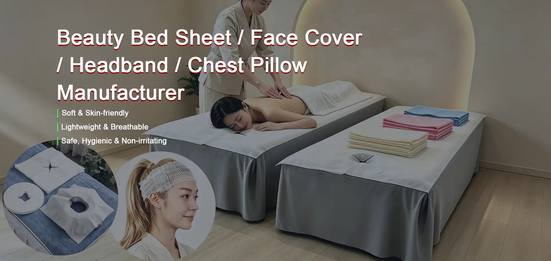 Takewind disposable beauty bed sheet, face hole cover, headband, chest pillow for salon spa treatment, soft skin friendly non woven fabric banner