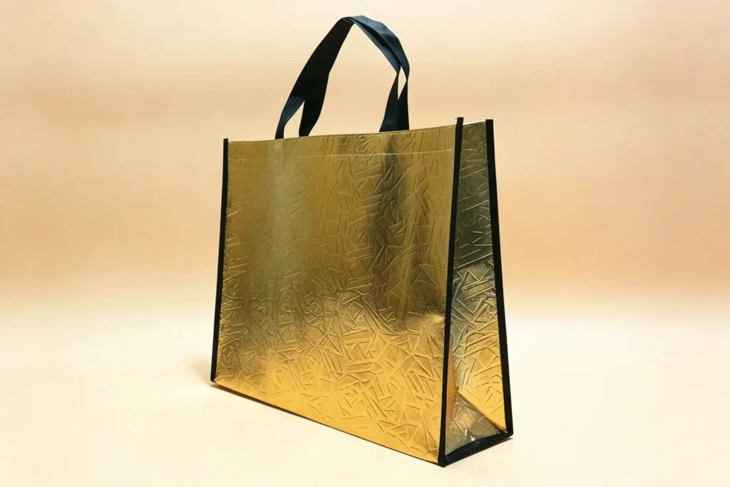 Gold metallic lamination composite non woven tote bag, waterproof laminated surface, Takewind custom lamination service